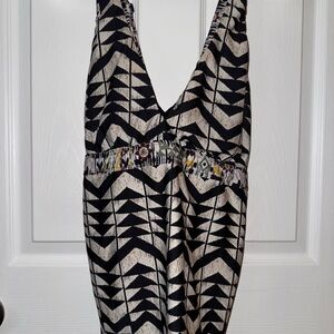 Strapless Black and Cream Geometric V-Neck Dress